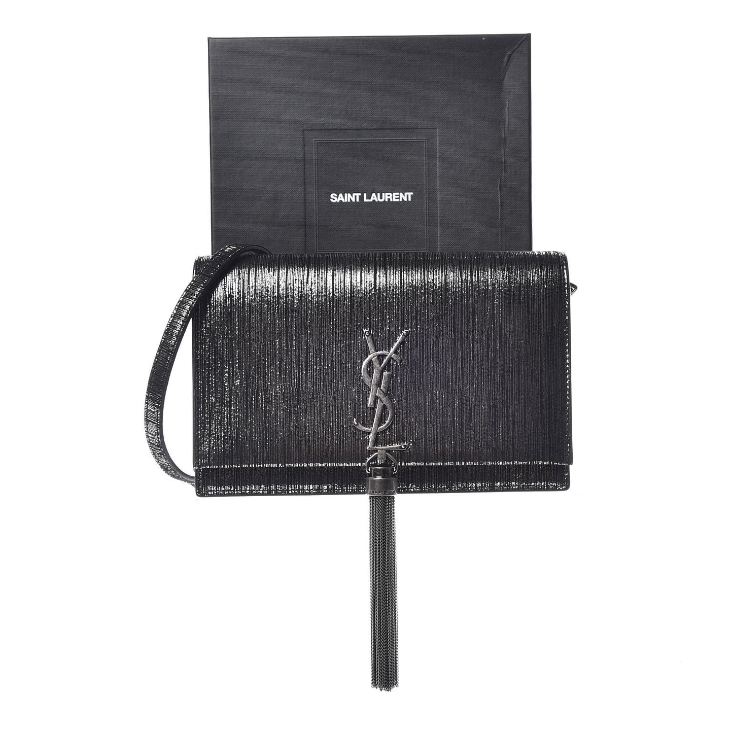 Metallic Suede Classic Monogram Kate Tassel Chain Wallet Black Silver