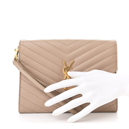 Saint Laurent Grain De Poudre Matelasse Chevron Monogram Envelope Clutch Dark Beige 2 of 9
