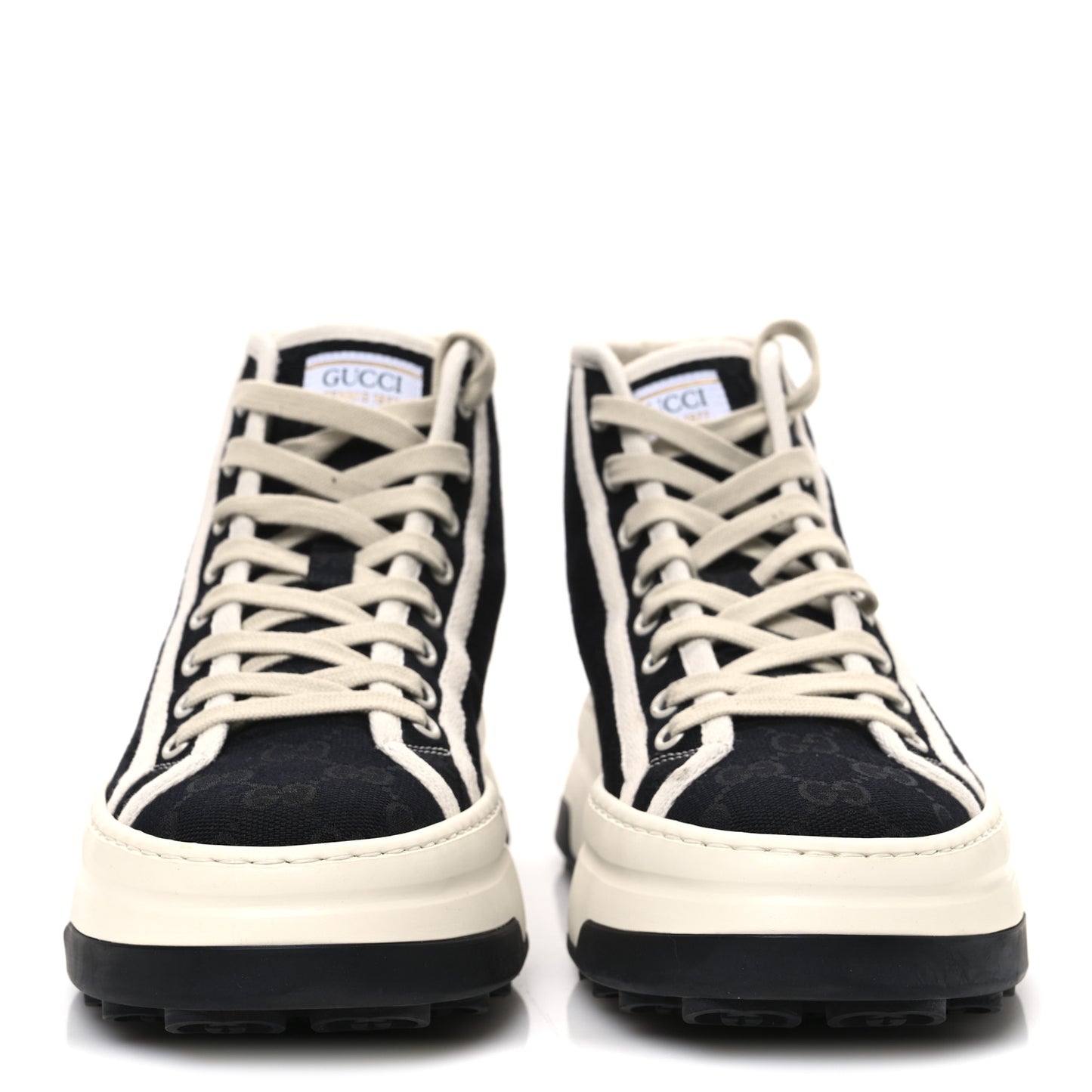 New Canvas GG Monogram Womens Tennis 1977 High Top 55mm Platform Sneakers 39.5 Black Mystic White