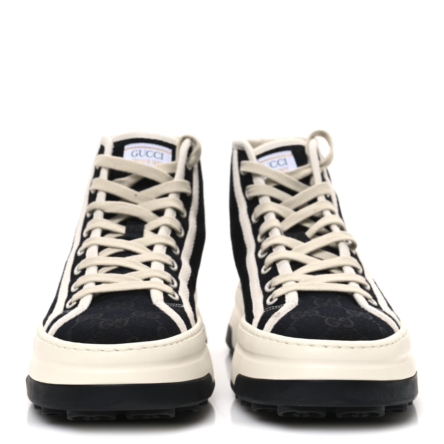 Gucci New Canvas GG Monogram Womens Tennis 1977 High Top 55mm Platform Sneakers 39.5 Black Mystic White 3 of 13