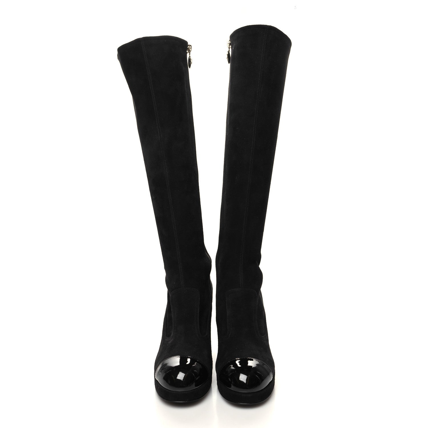 Chanel Suede Kidskin Patent CC Cap Toe Tall Boots 37 Black 2 of 7
