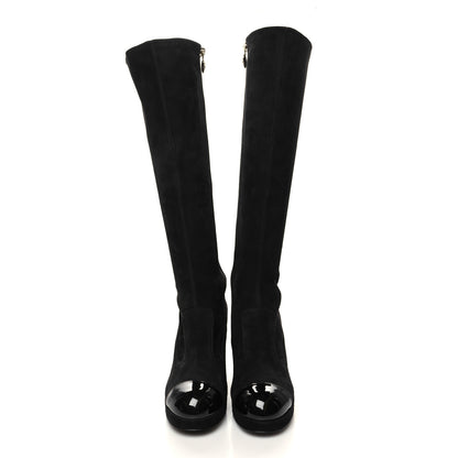 Chanel Suede Kidskin Patent CC Cap Toe Tall Boots 37 Black 2 of 7