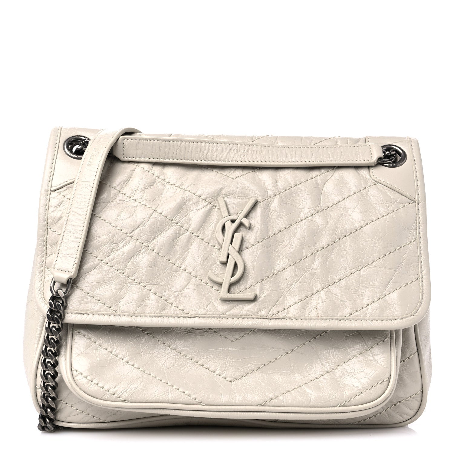 Saint Laurent Crinkled Calfskin Matelasse Monogram Medium Niki Chain Satchel Blanc Vintage 1 of 12