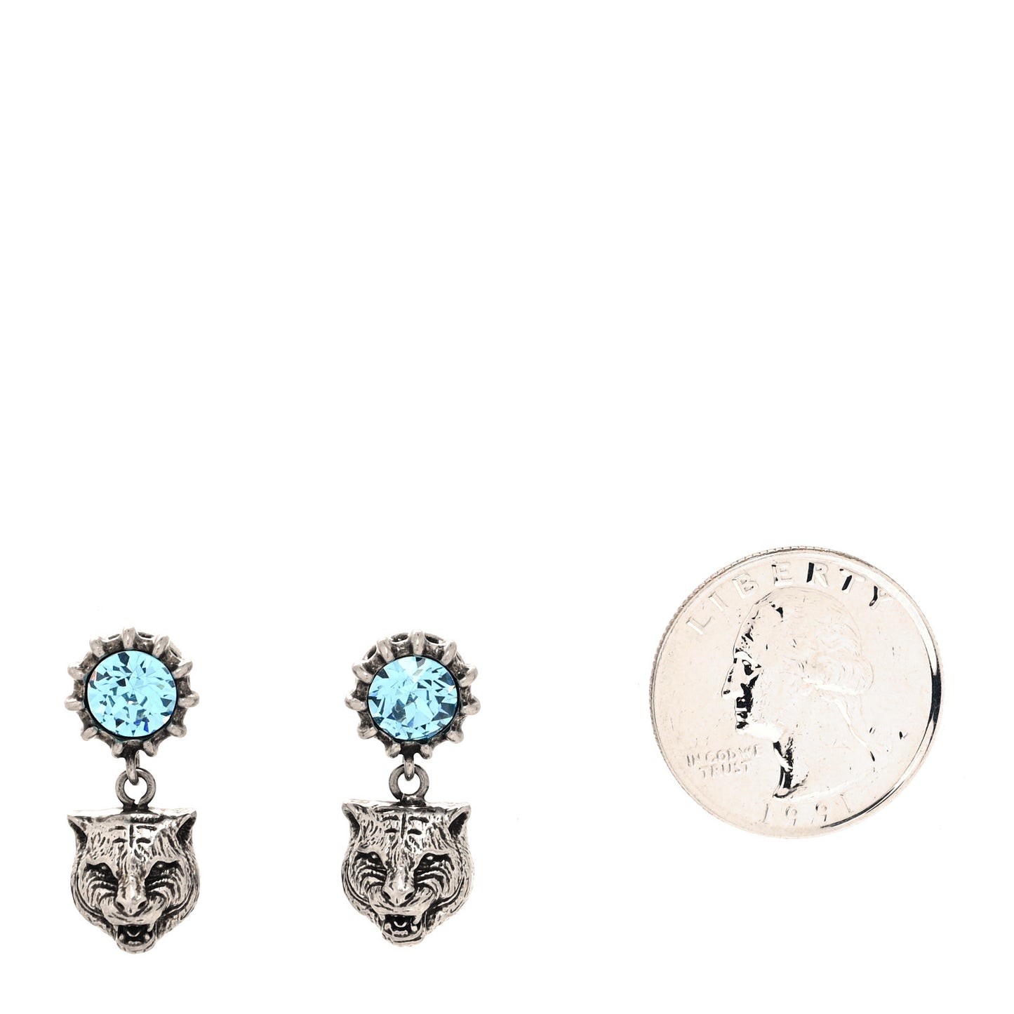 Metal Crystal Feline Earrings Aged Silver Blue