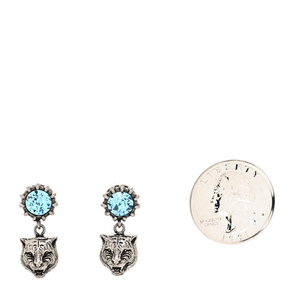 Gucci Metal Crystal Feline Earrings Aged Silver Blue 2 of 4