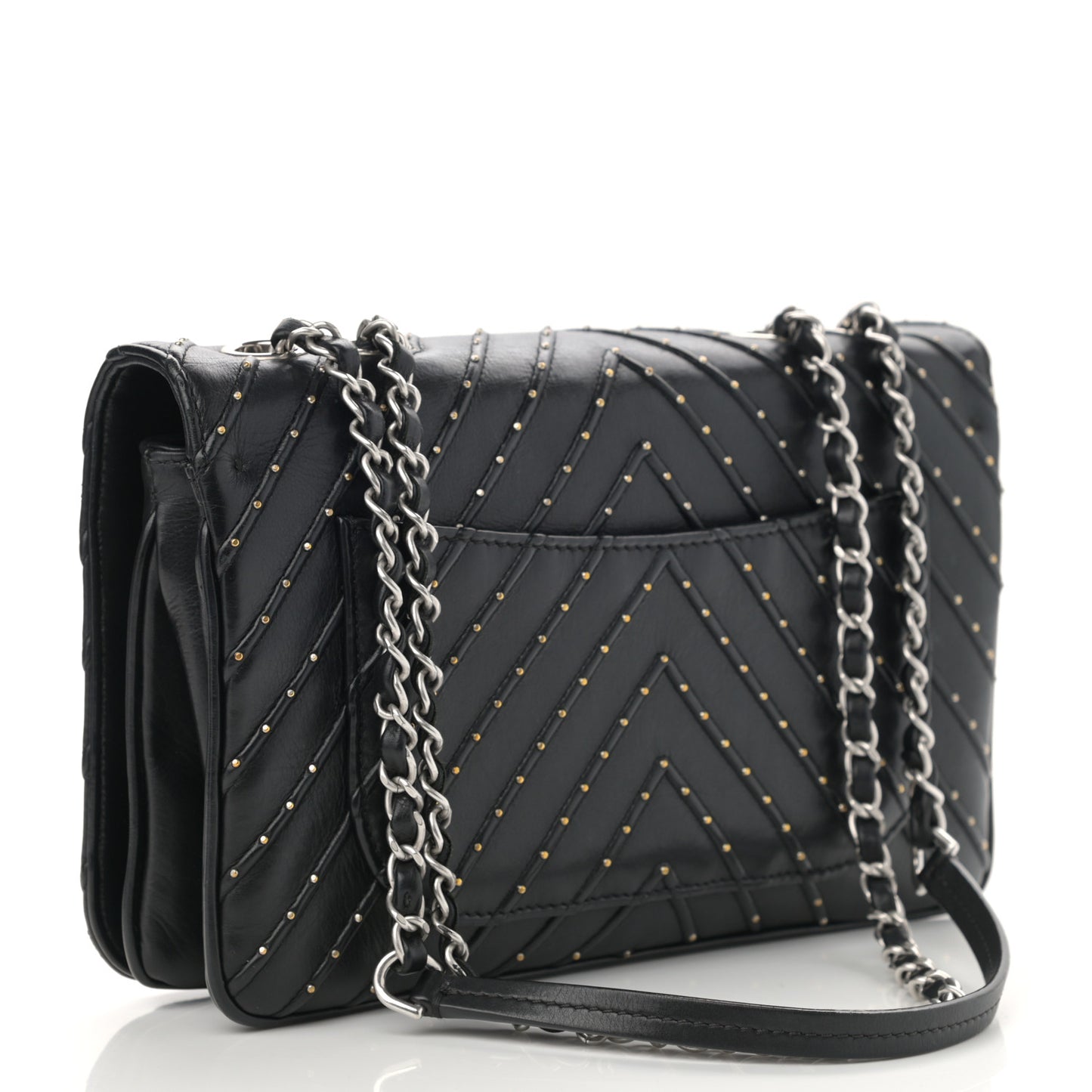 Calfskin Studded Chevron Quilted Flap Black