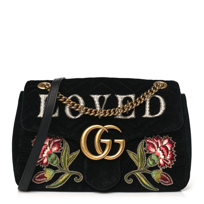 Gucci Velvet Matelasse Loved Embroidered Medium GG Marmont Shoulder Bag Black 1 of 10