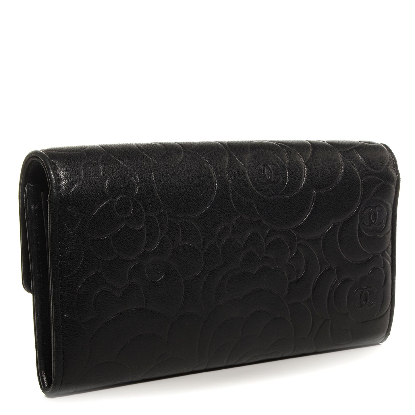 Lambskin Embossed Camellia Large Gusset Flap Wallet Black