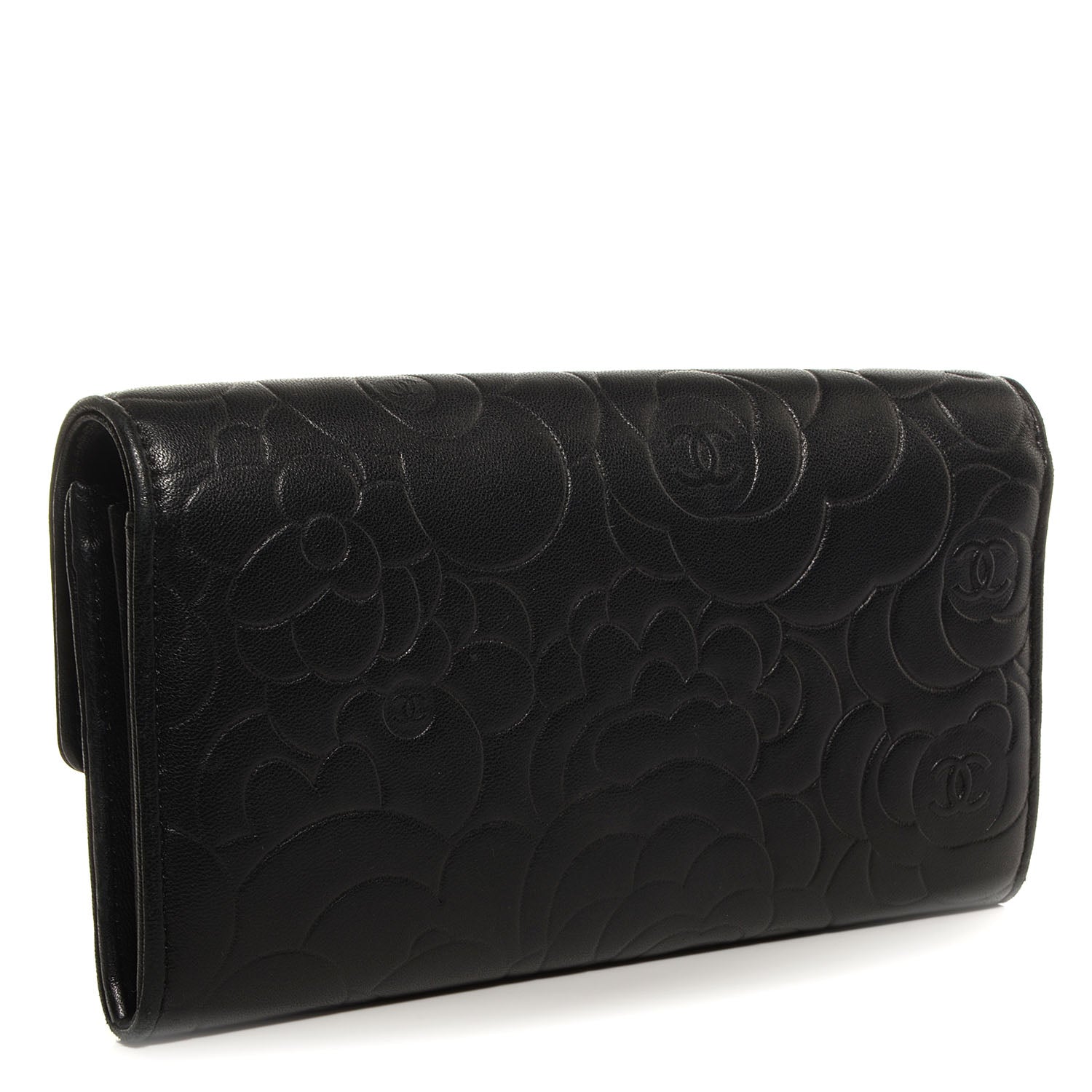 Chanel Lambskin Embossed Camellia Large Gusset Flap Wallet Black 3 of 9
