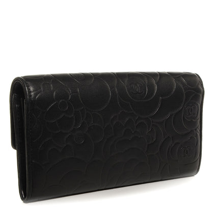 Chanel Lambskin Embossed Camellia Large Gusset Flap Wallet Black 3 of 9