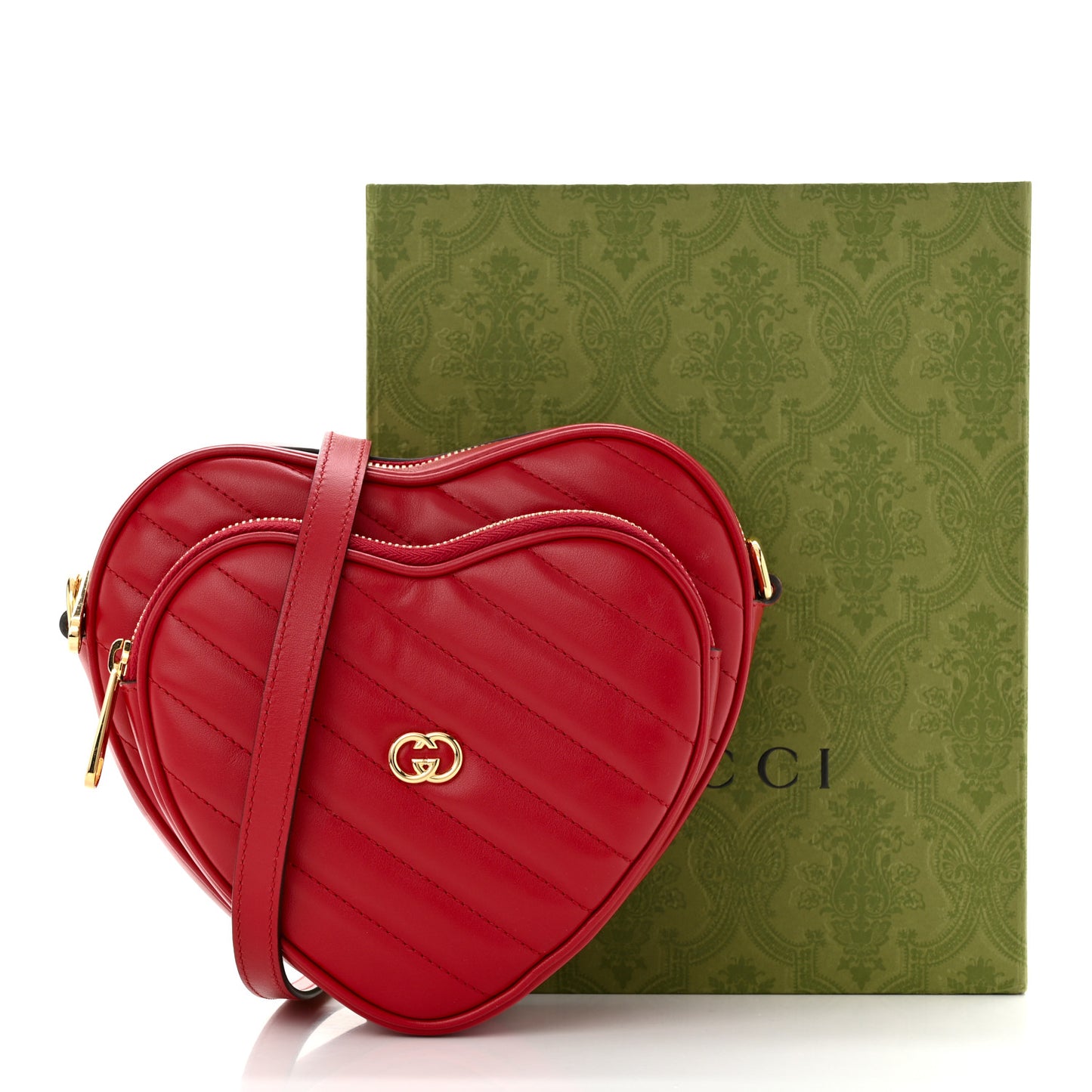 Calfskin Matelasse Diagonal Mini Interlocking G Heart Shoulder Bag Hibiscus Red