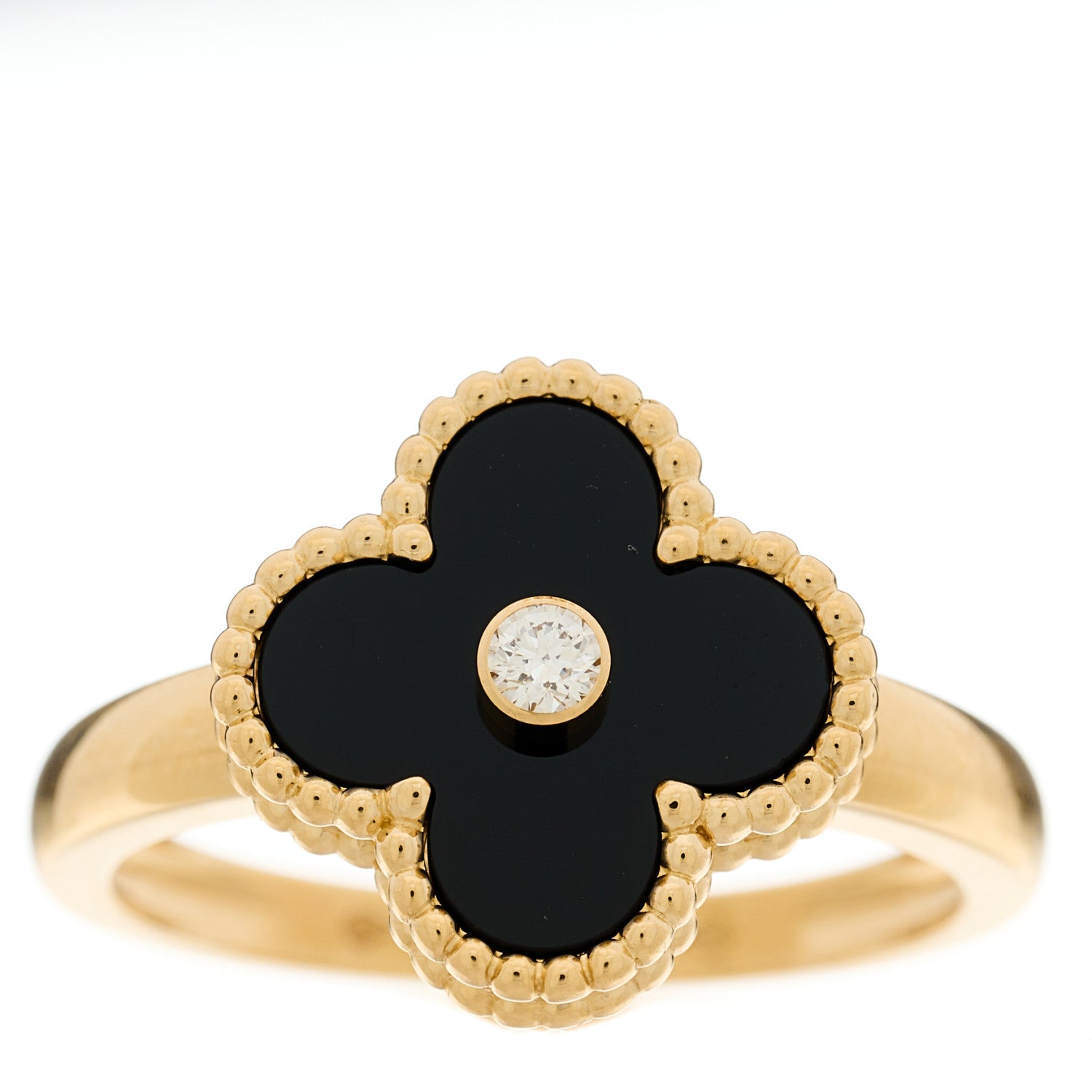 Van Cleef & Arpels 18K Yellow Gold Black Onyx Diamond Vintage Alhambra Ring 61 9.5 1 of 6