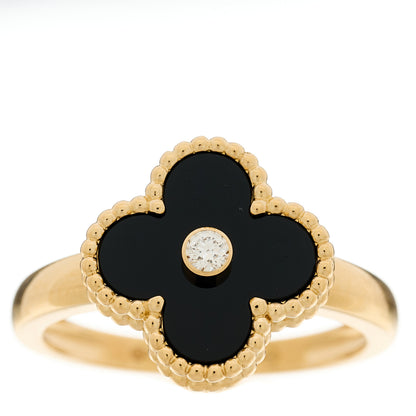 Van Cleef & Arpels 18K Yellow Gold Black Onyx Diamond Vintage Alhambra Ring 61 9.5 1 of 6