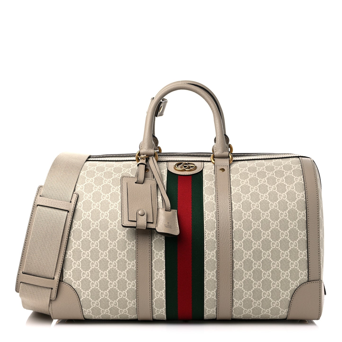 GG Supreme Monogram Textured Dollar Calfskin Web Medium Savoy Duffle Bag Beige Mystic White Oatmeal