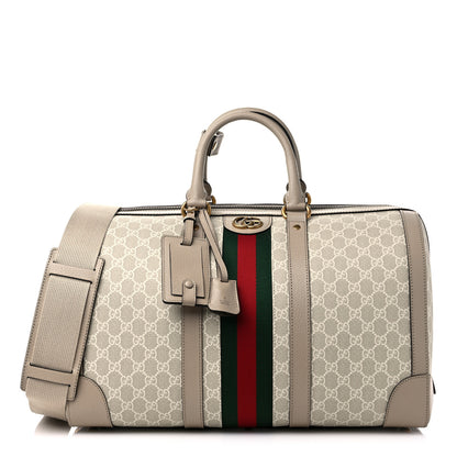 Gucci GG Supreme Monogram Textured Dollar Calfskin Web Medium Savoy Duffle Bag Beige Mystic White Oatmeal 1 of 8