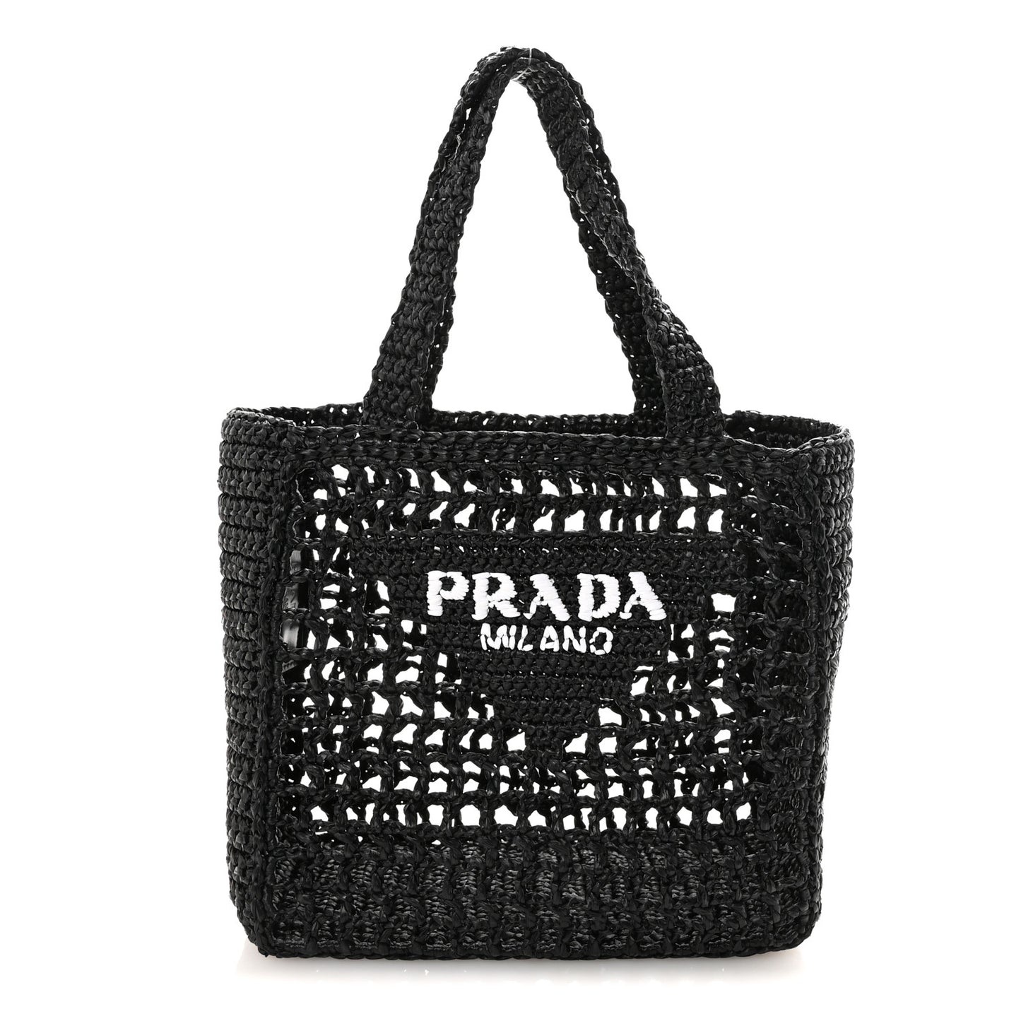 Yarn Raffia Effect Crochet Logo Embroidered Small Tote Bag Black
