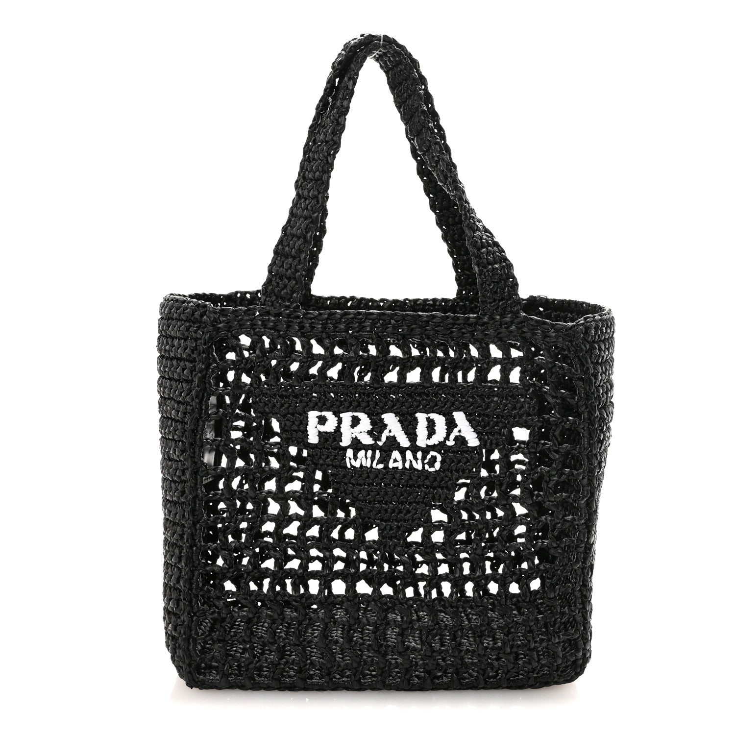 Prada Yarn Raffia Effect Crochet Logo Embroidered Small Tote Bag Black 1 of 8