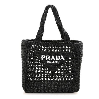 Prada Yarn Raffia Effect Crochet Logo Embroidered Small Tote Bag Black 1 of 8