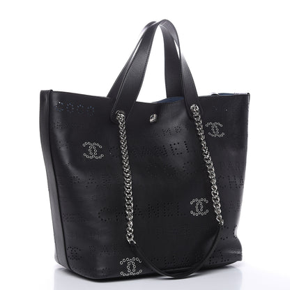 Chanel Calfskin Tweed Small Logo Eyelets Shopping Tote Black 5 of 12