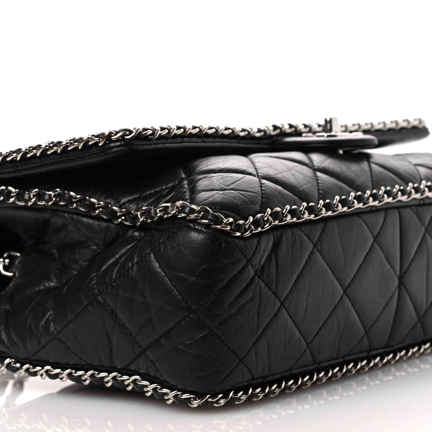 Crumpled Calfskin Quilted Large Chain Around Flap Black