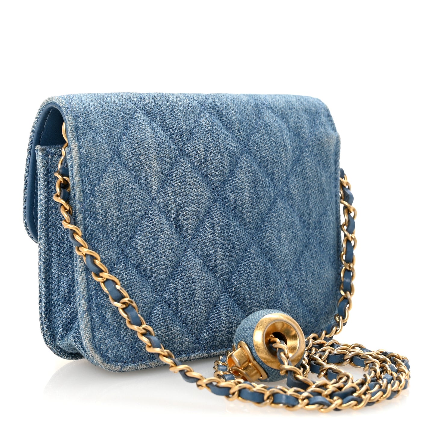 Denim Quilted CC Pearl Crush Clutch With Chain Blue