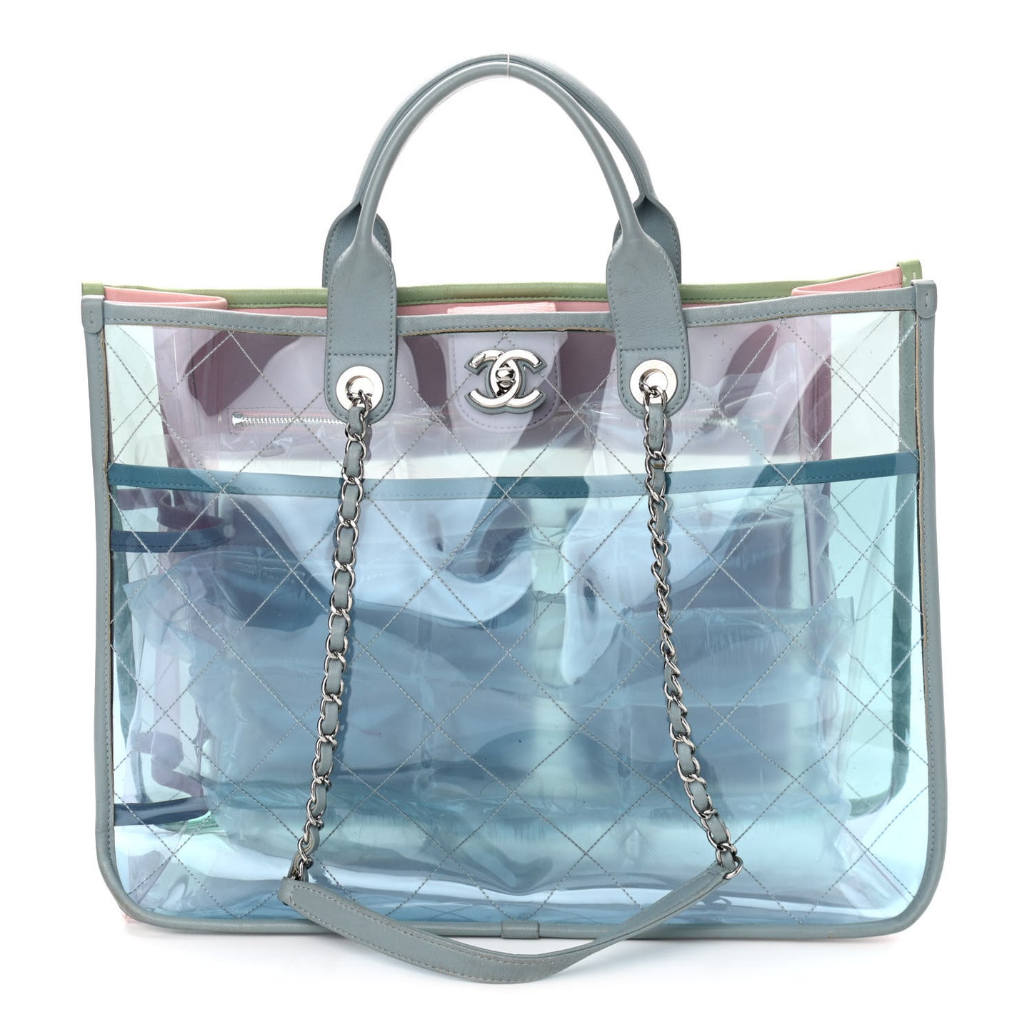 PVC Lambskin Stitched Medium Coco Splash Shopping Bag Blue Green Pink