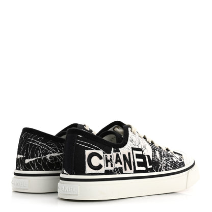 Chanel Printed Fabric Low Top Logo Sneakers 38.5 White Black 5 of 10