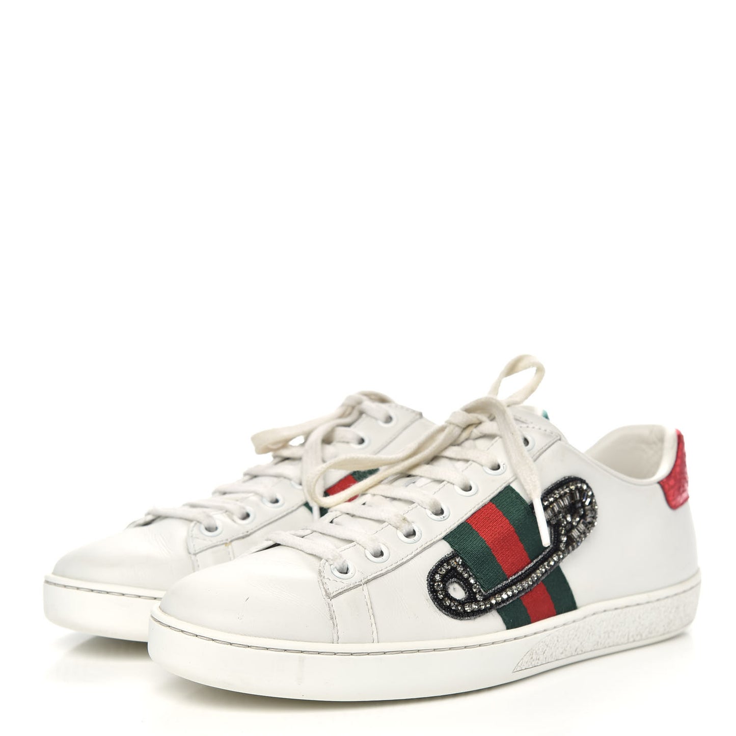 Calfskin Web Studded Low Pin Womens New Ace Sneakers 38 White