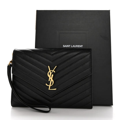 Saint Laurent Grain De Poudre Matelasse Chevron Monogram Envelope Clutch Black 12 of 12