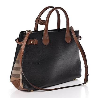 Burberry Grainy Calfskin House Check Two Tone Medium Banner Tote Black Brown 3 of 10