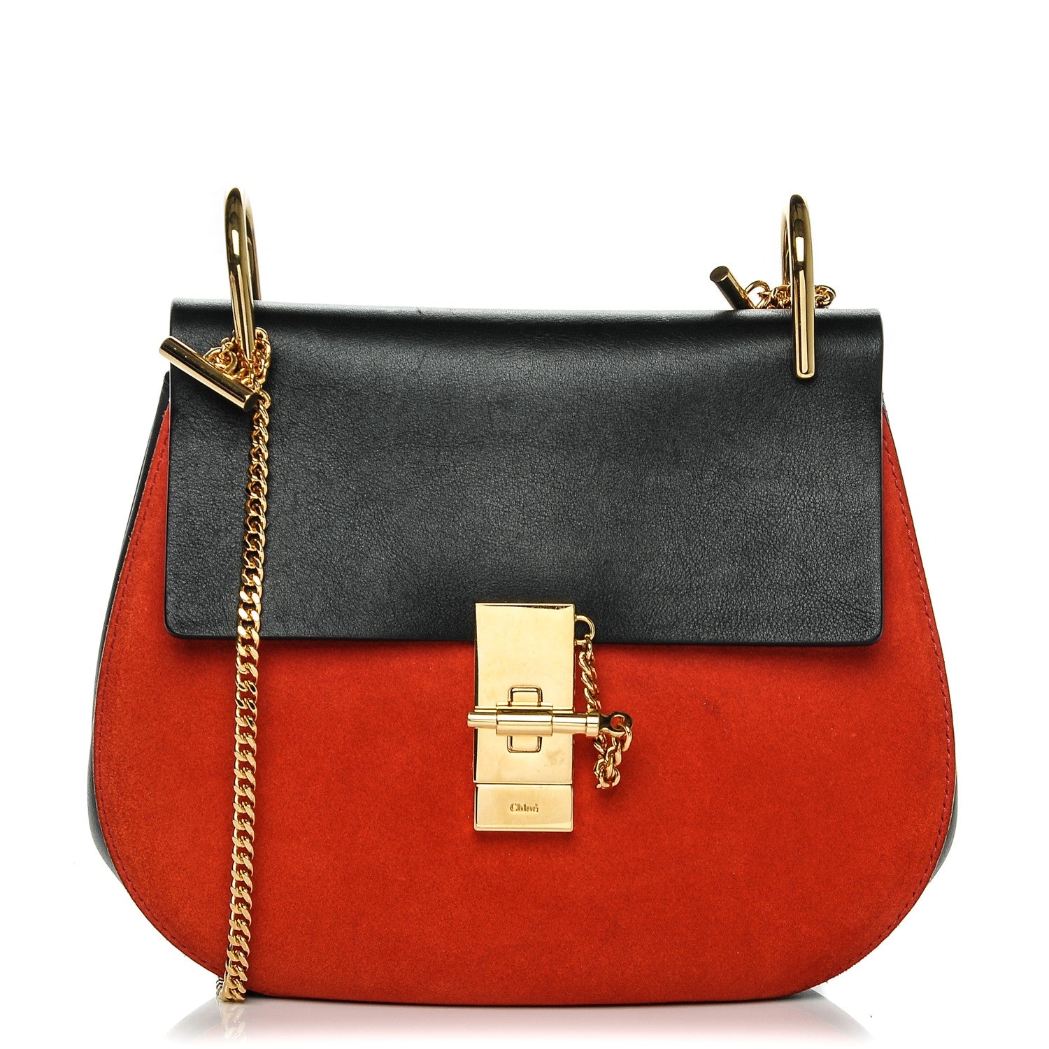Chloe Suede Smooth Calfskin Drew Shoulder Bag Plaid Red Black 1 of 7