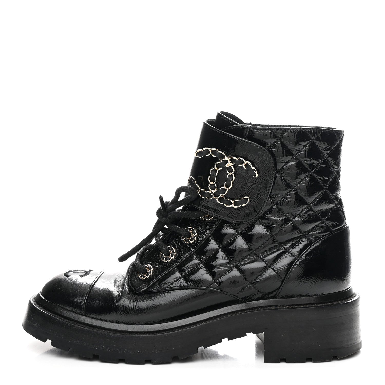 Chanel Shiny Goatskin Calfskin Quilted Lace Up Combat Boots 37 Black 1 of 11