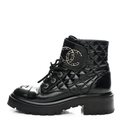 Chanel Shiny Goatskin Calfskin Quilted Lace Up Combat Boots 37 Black 1 of 11