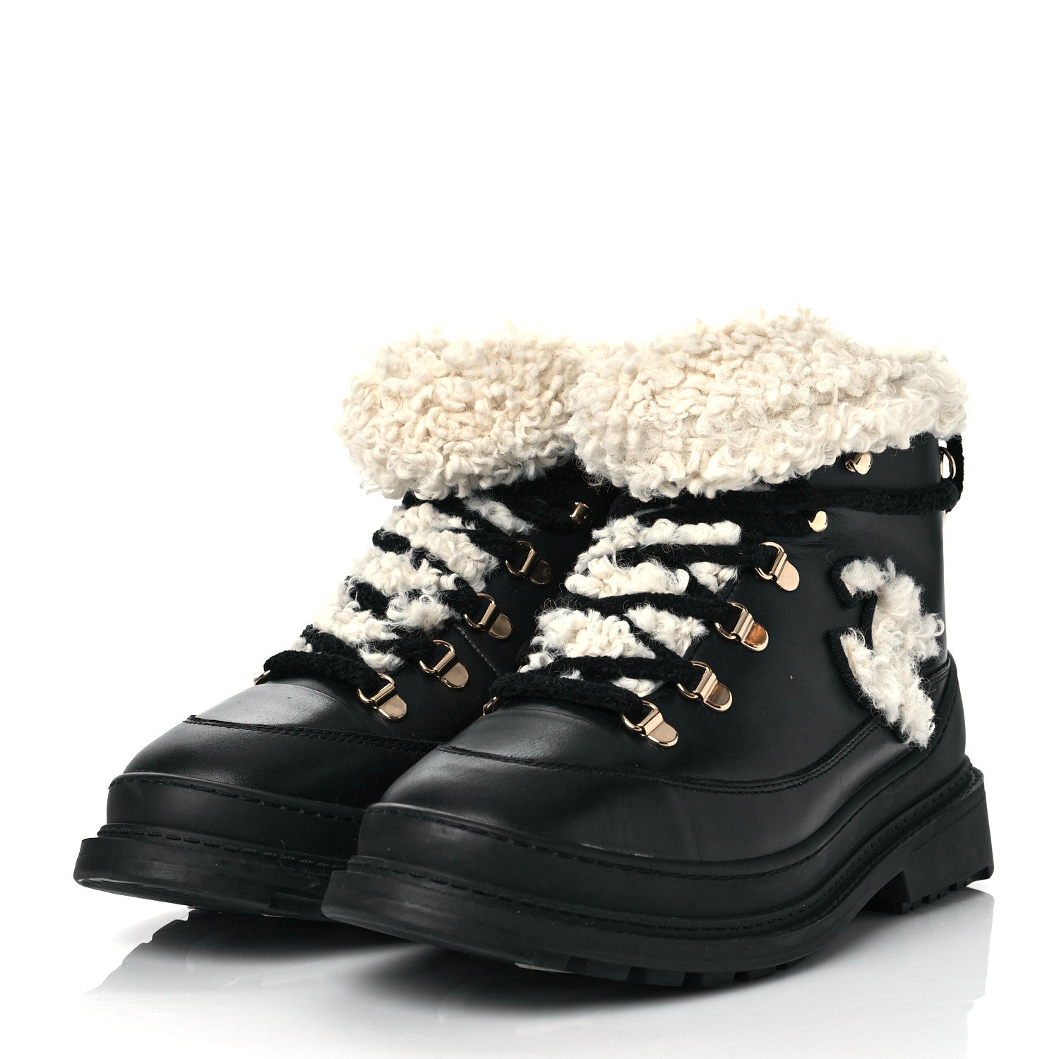 Chanel Calfskin Shearling CC Lace Up Boots 39 Black 3 of 8