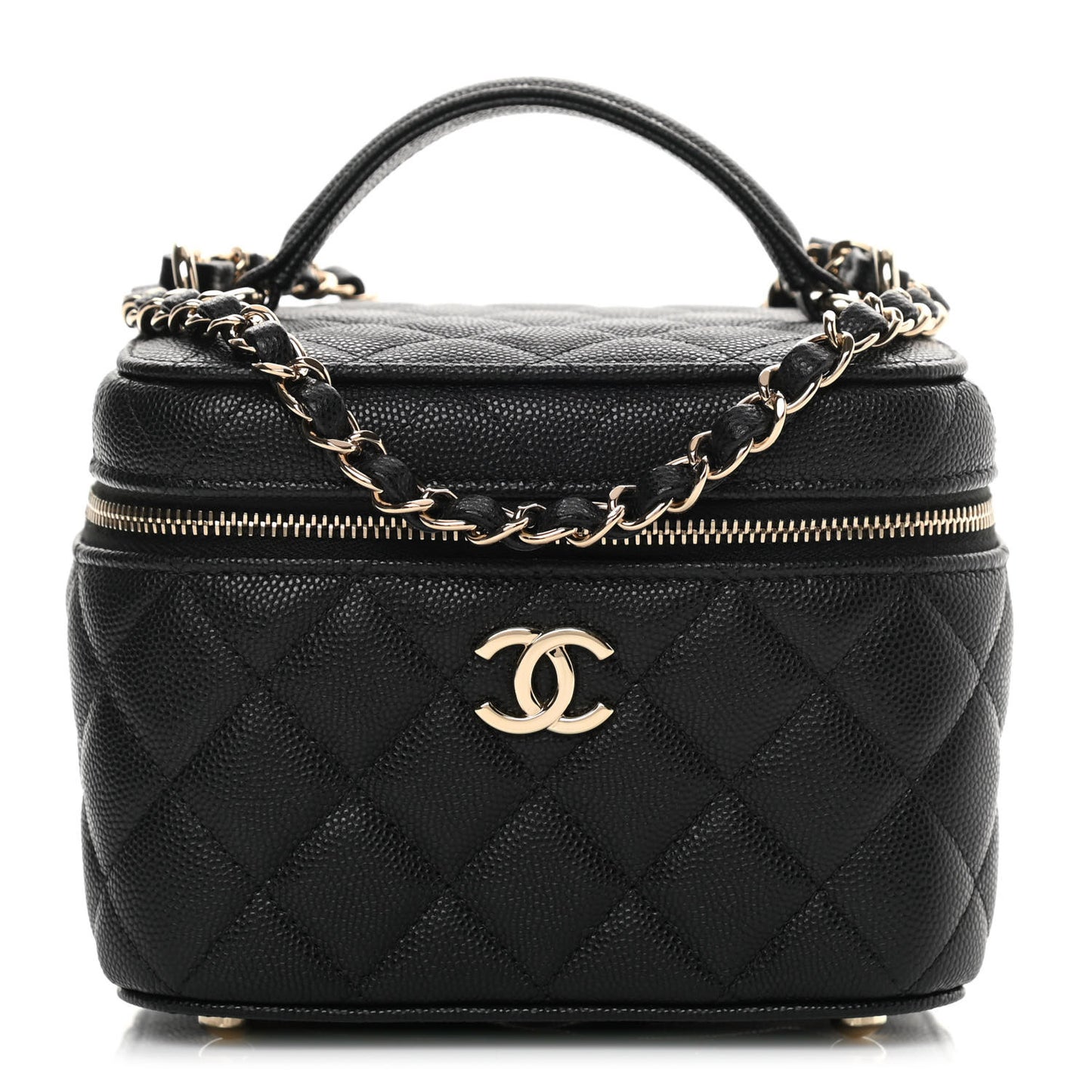 Caviar Quilted Small Top Handle Vanity Case With Chain Black