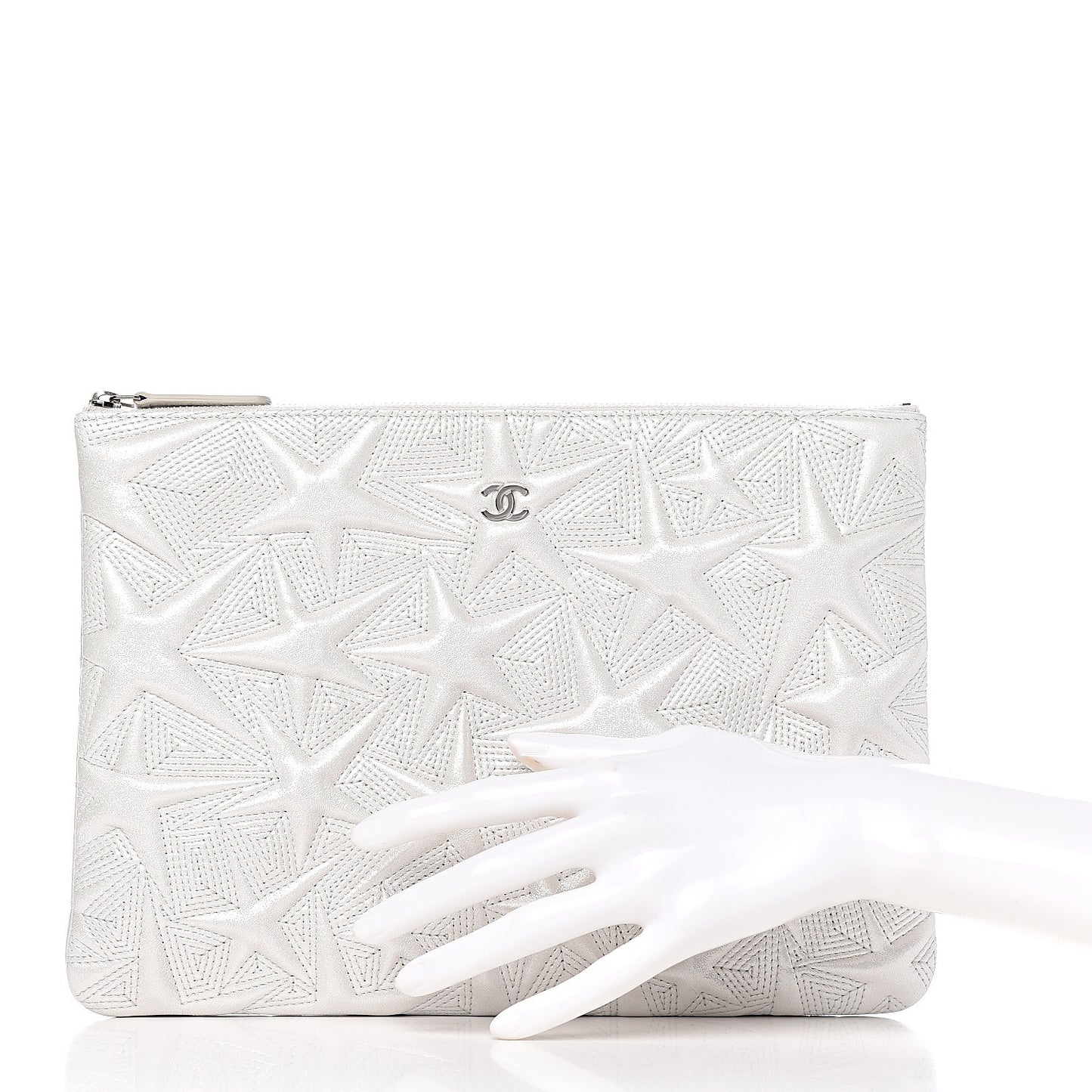 Metallic Lambskin Star Embossed Medium Cosmetic Pouch Light Silver