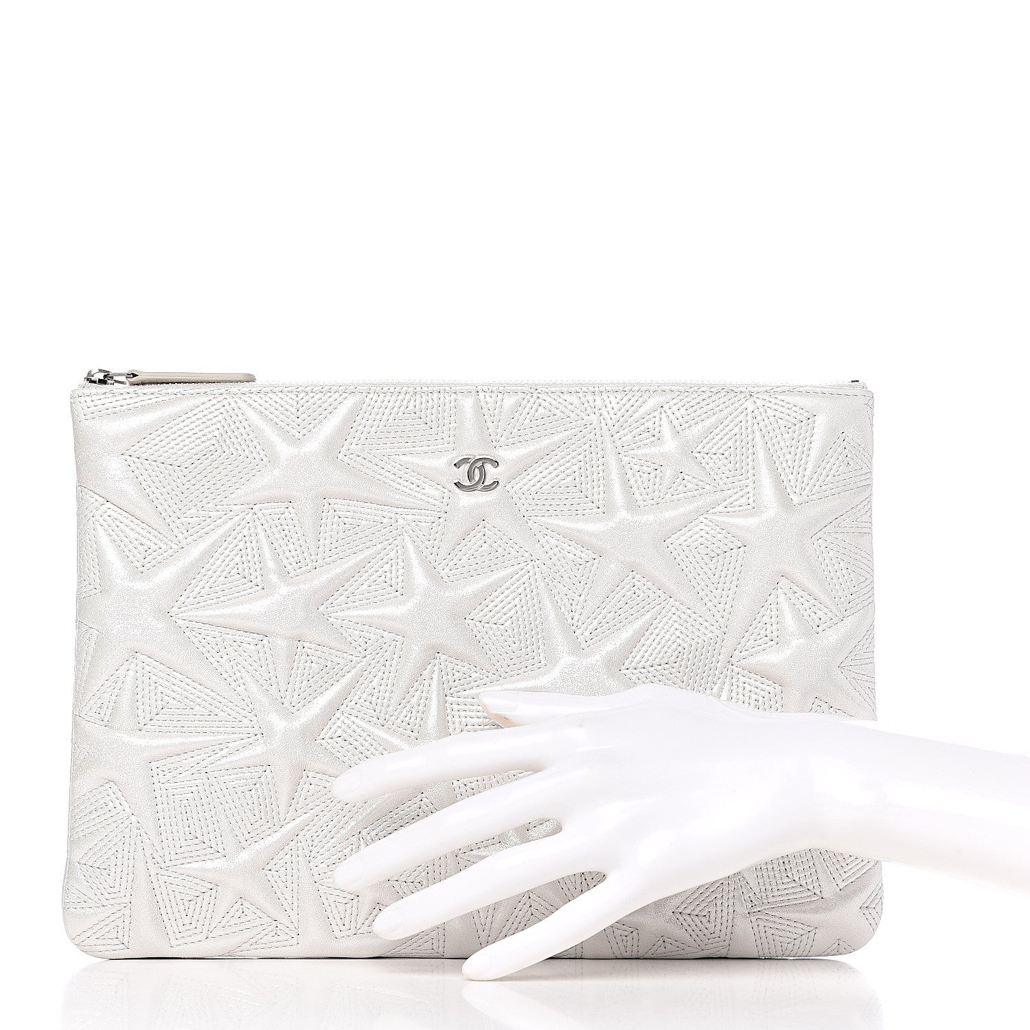 Chanel Metallic Lambskin Star Embossed Medium Cosmetic Pouch Light Silver 2 of 10