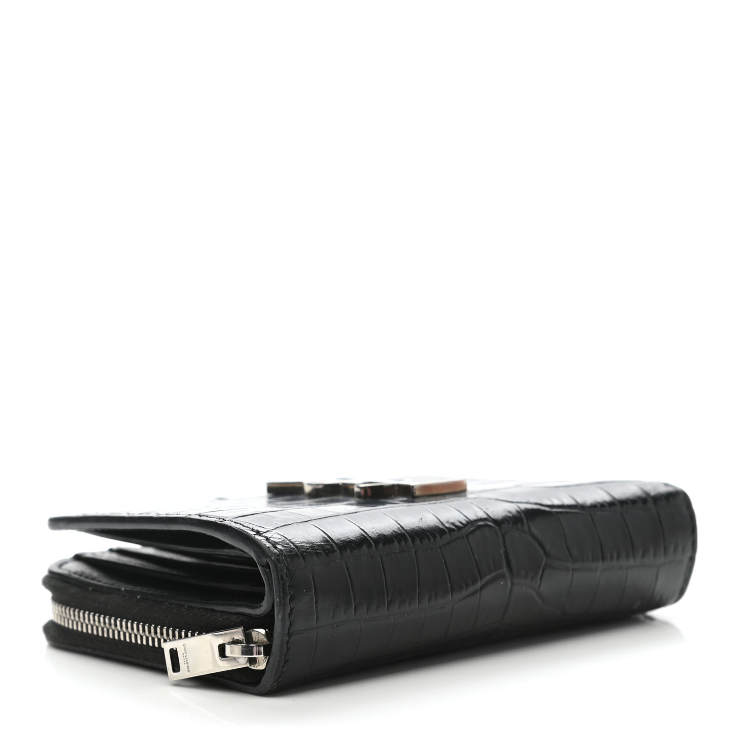 Calfskin Crocodile Embossed Monogram Compact Wallet Black