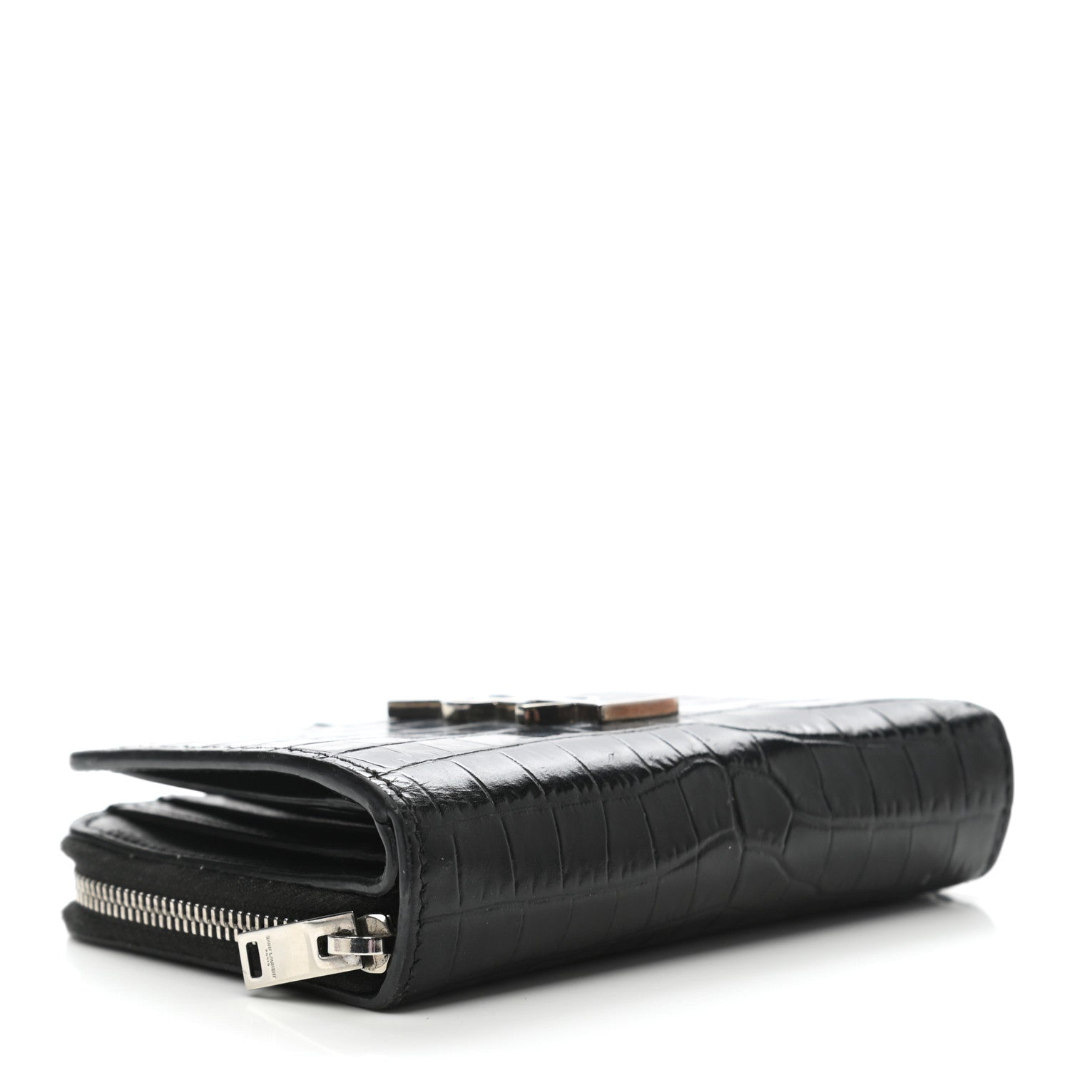 Saint Laurent Calfskin Crocodile Embossed Monogram Compact Wallet Black 4 of 6
