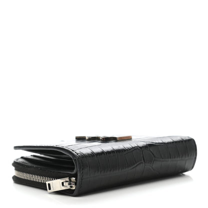Saint Laurent Calfskin Crocodile Embossed Monogram Compact Wallet Black 4 of 6