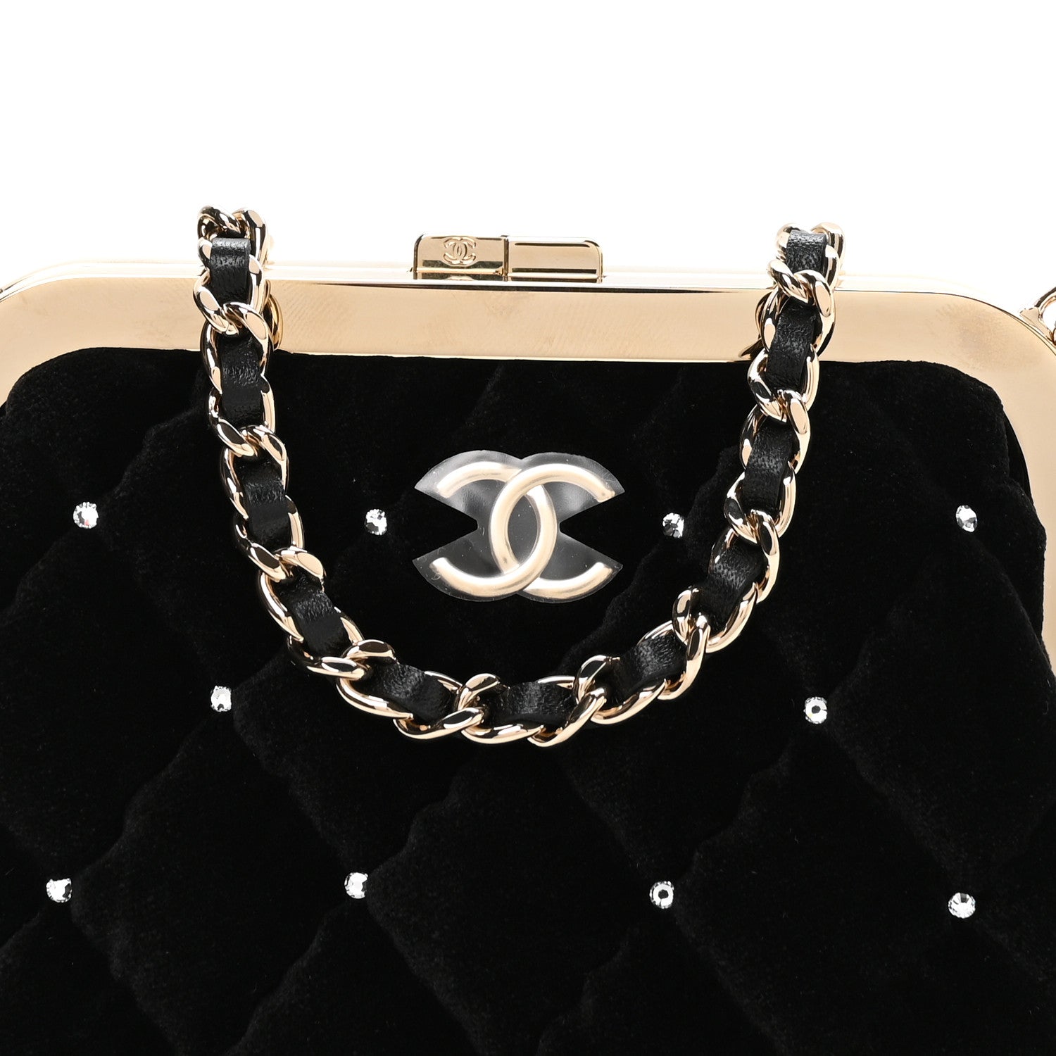 Chanel Velvet Diamante Quilted Kiss Lock Clutch Black 8 of 11