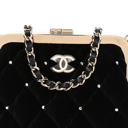 Chanel Velvet Diamante Quilted Kiss Lock Clutch Black 8 of 11