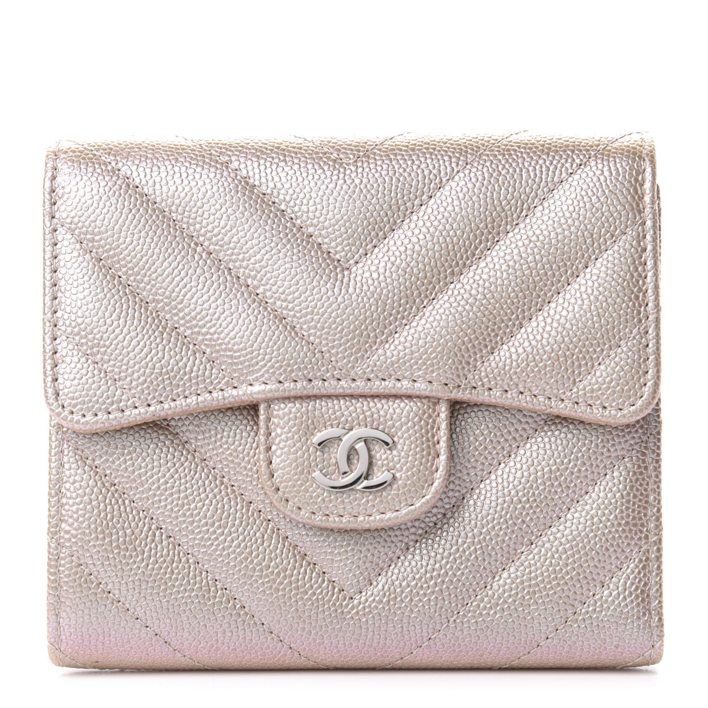 Metallic Caviar Chevron Quilted Compact Flap Wallet Light Gold