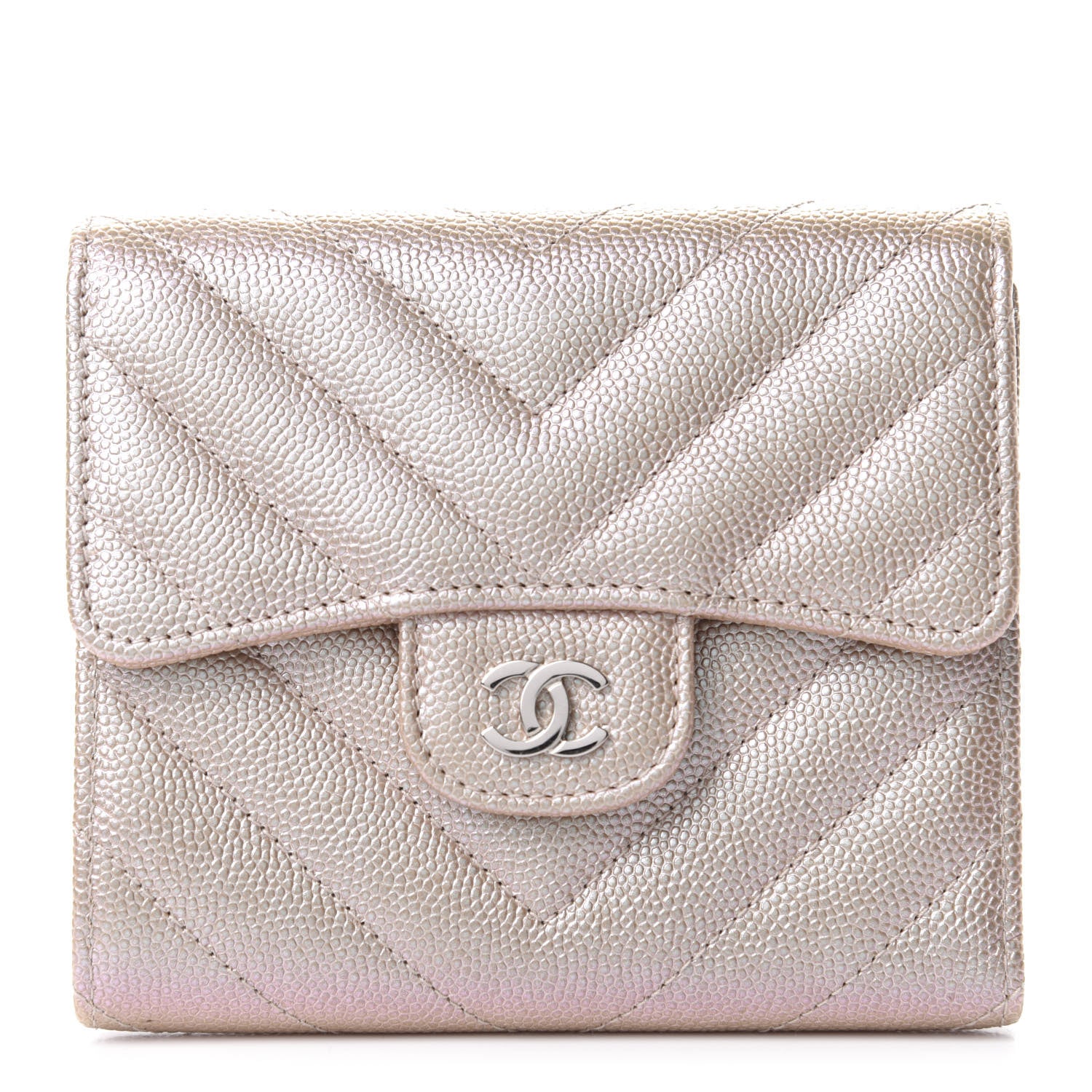 Chanel Metallic Caviar Chevron Quilted Compact Flap Wallet Light Gold 1 of 9