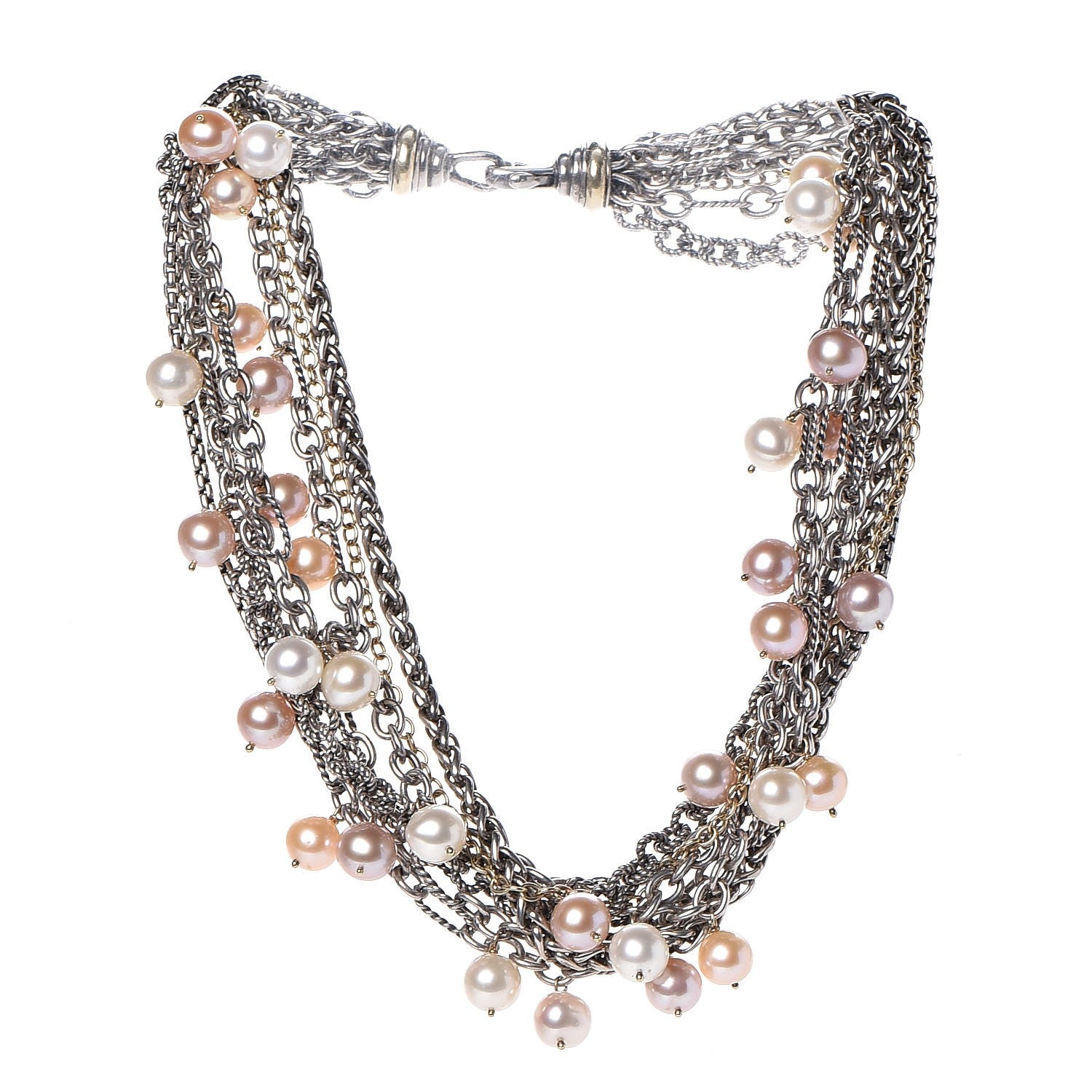 David Yurman Sterling Silver 18K Yellow Gold Pearl 8-8.5mm Multi Strand Chain Necklace 3 of 5