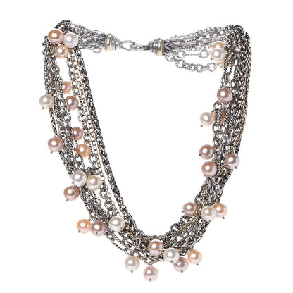 David Yurman Sterling Silver 18K Yellow Gold Pearl 8-8.5mm Multi Strand Chain Necklace 3 of 5