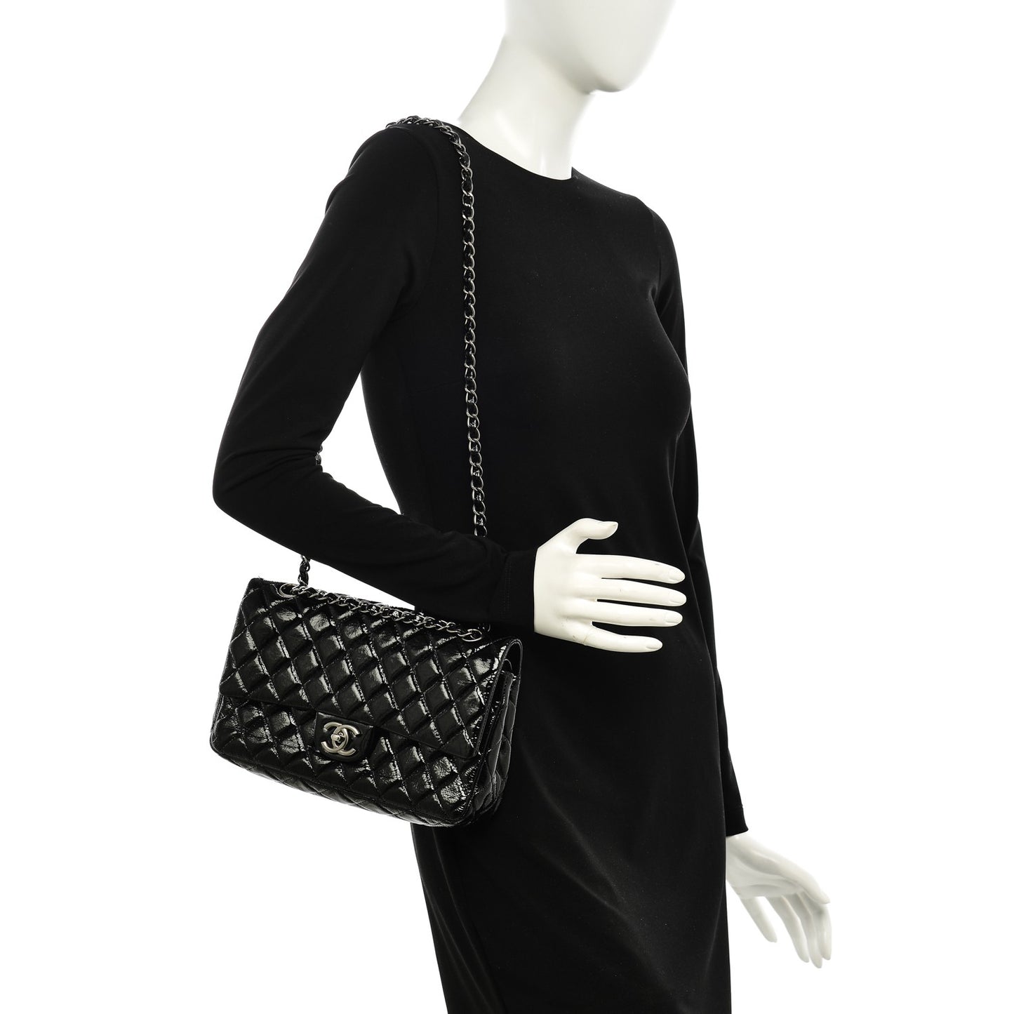 Distressed Patent Quilted Medium Double Flap Black