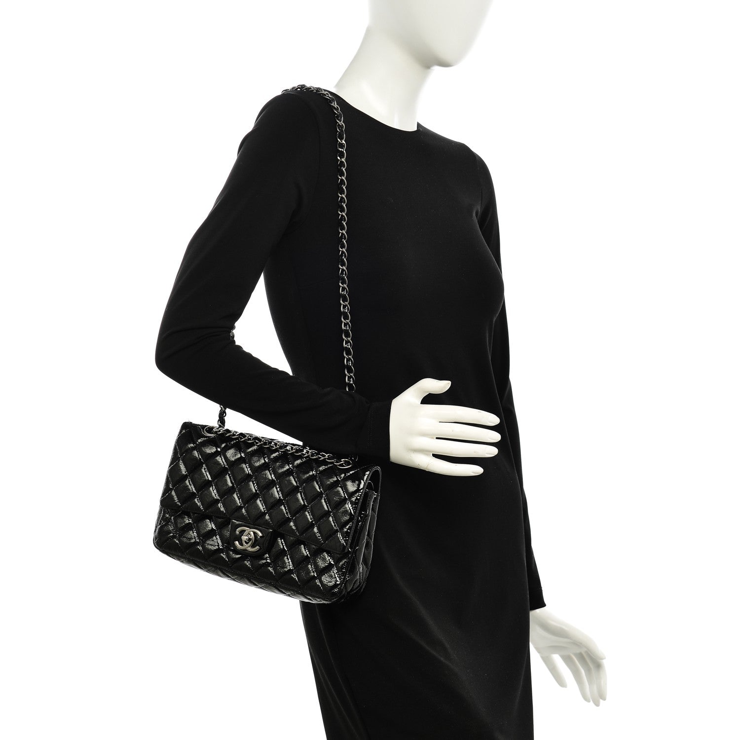 Chanel Distressed Patent Quilted Medium Double Flap Black 2 of 7