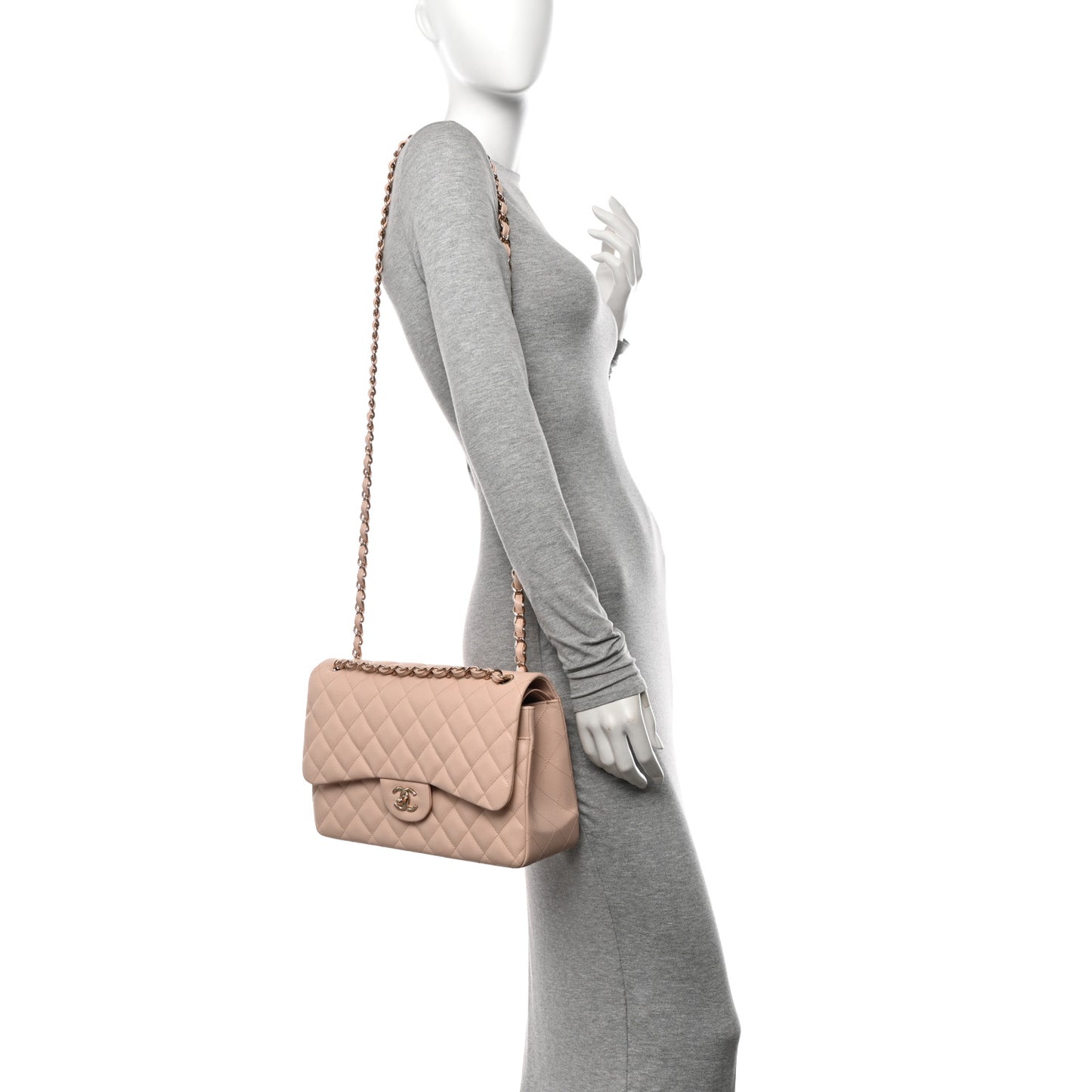 Caviar Quilted Jumbo Double Flap Light Beige