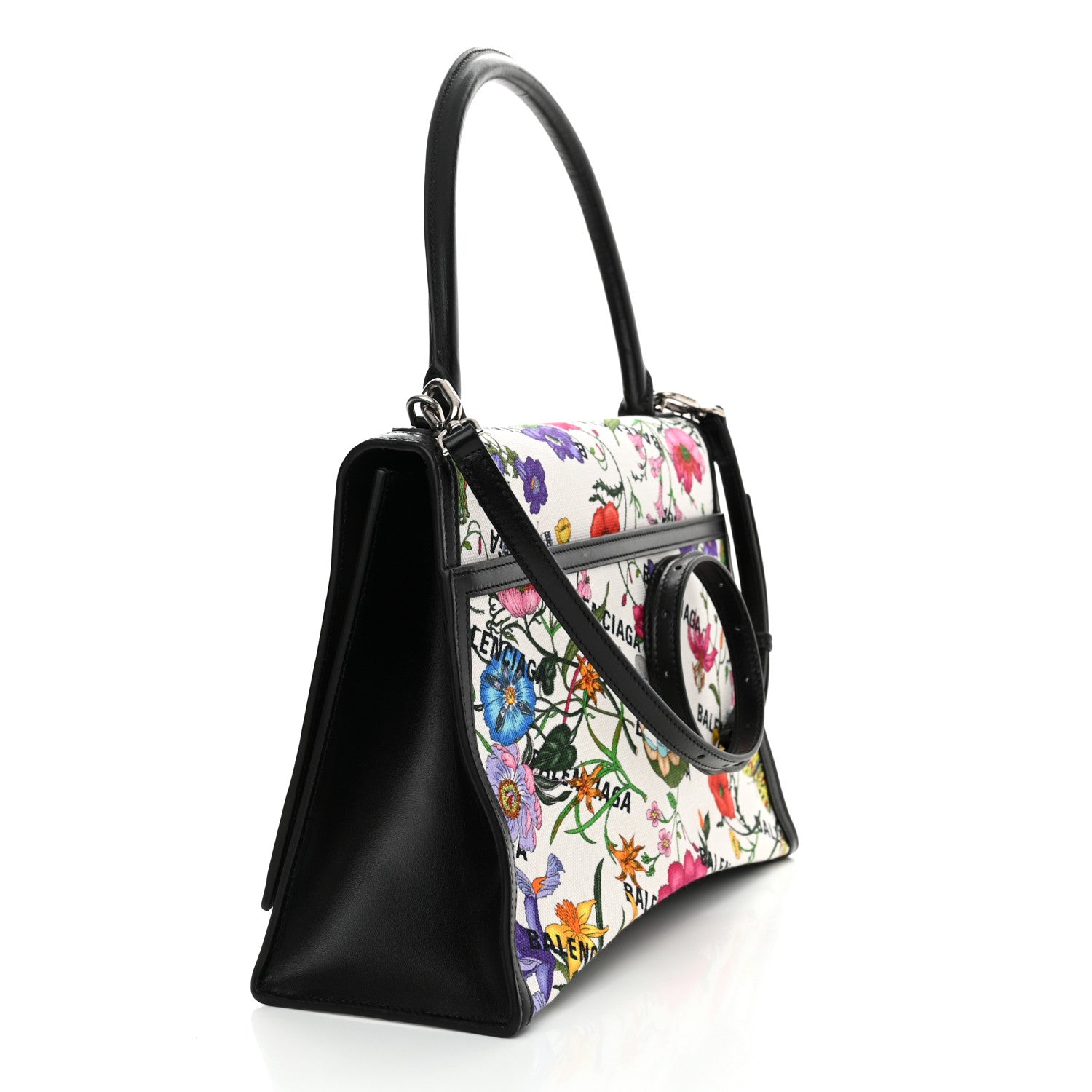 Balenciaga X GUCCI Canvas Boarded Plutone Calfskin Flora Logo Print Medium Hourglass Top Handle Bag White Multicolor Black 3 of 14